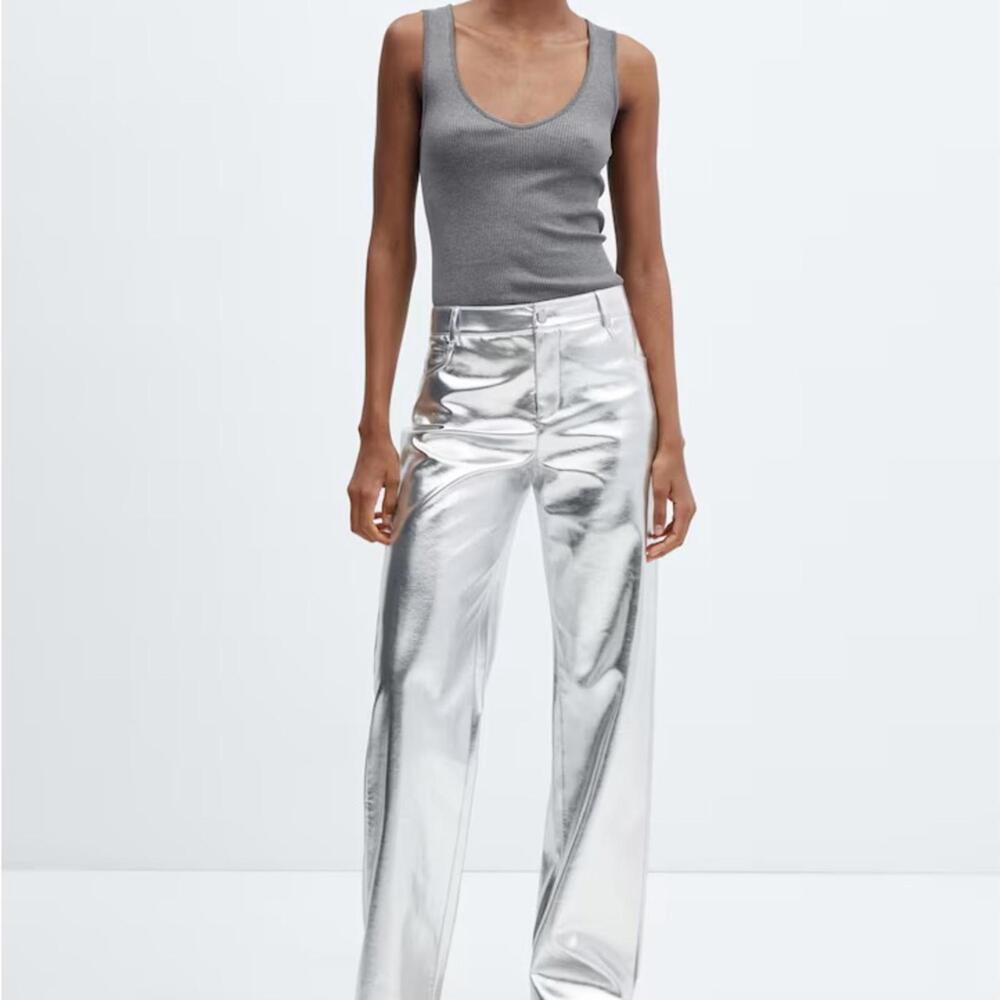 NWT MNG by MANGO SZ 4 Rave Metallic Mid Rise Silver Faux Leather Wide Leg Pants - Picture 3 of 7